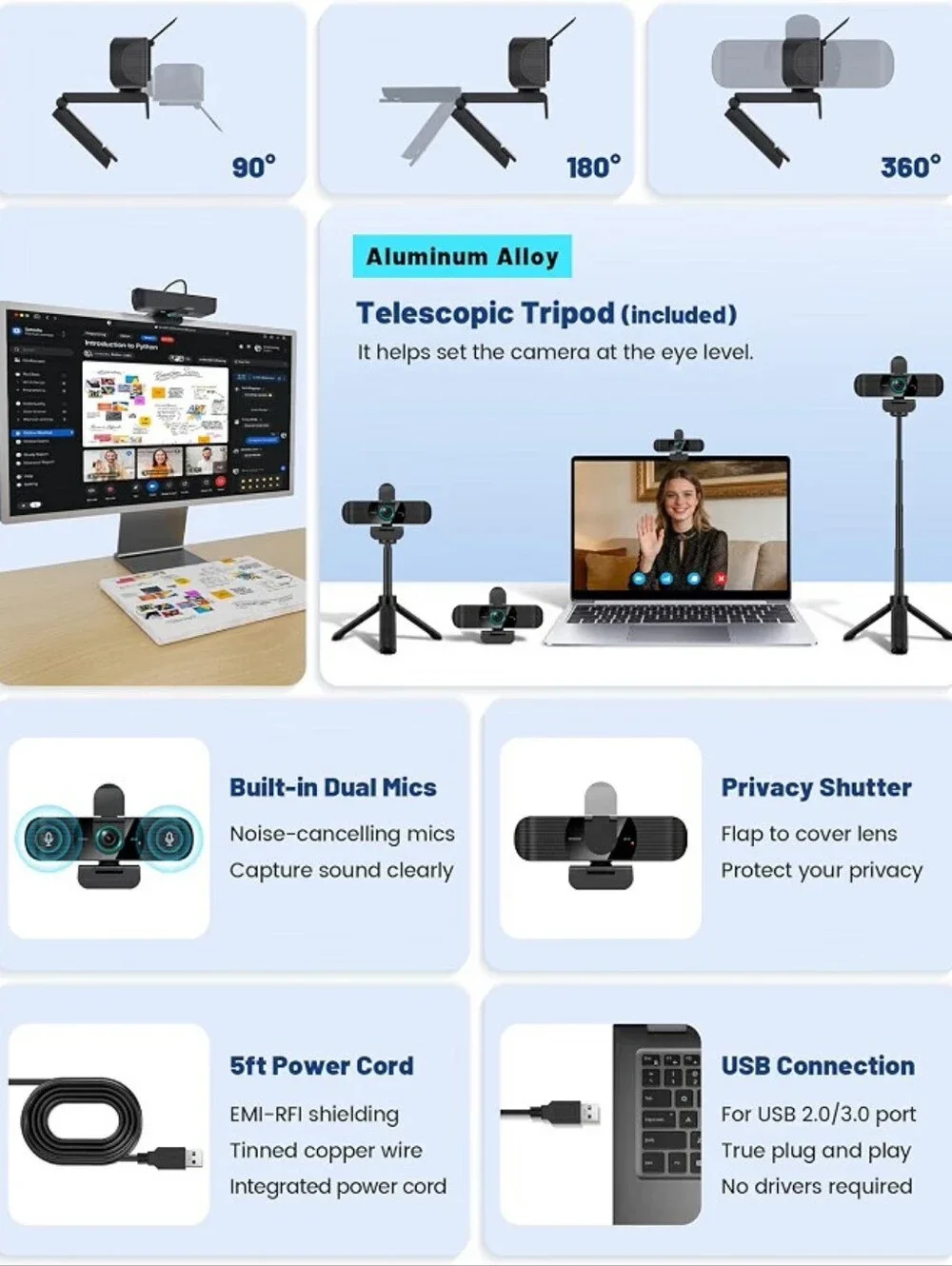 UHD 4K Webcam with Built-in Dual Mics, Wide-Angle Lens, Privacy Cover, Tripod